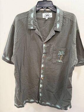 Free Planet Khaki Green Palm Tree Embroidered Button Down Shirt XXL Cotton/Linen